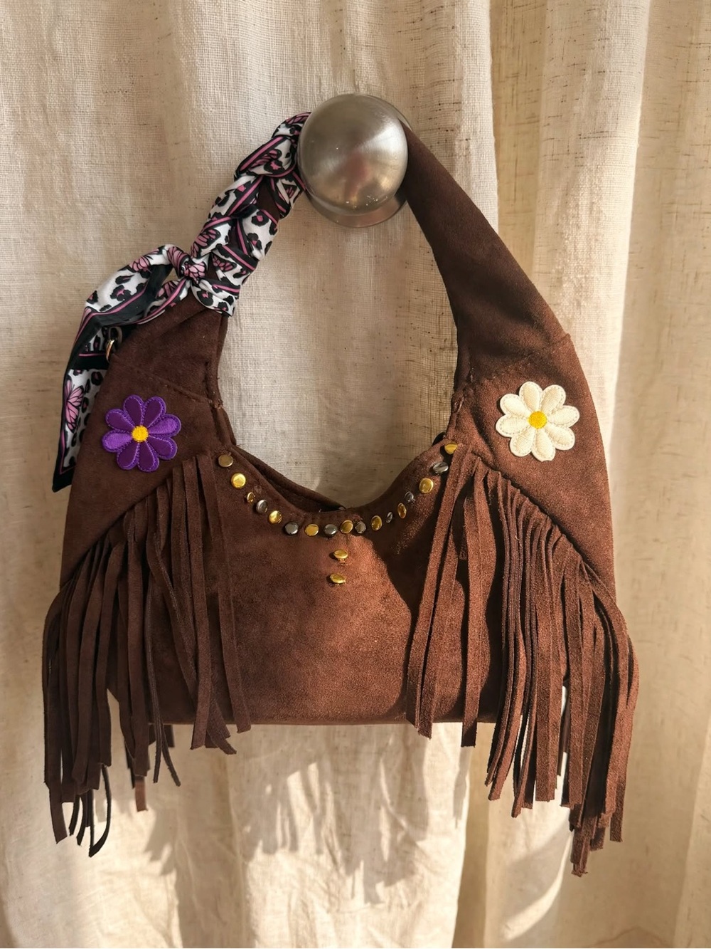 Universal Thread Brown Suede Fringe Shoulder Bag with Floral Patches